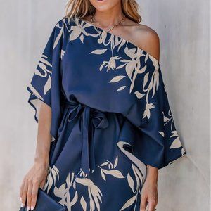 CUPSHE Navy Blue Leaf Print One-Shoulder Belted Dress Size XL